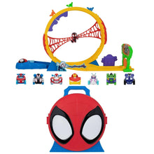 Spider-themed track playset with ring track, vehicle cars, and accessory pieces
