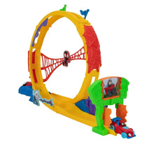 Spider-themed track with yellow and red arch, green sign stand, and vehicle