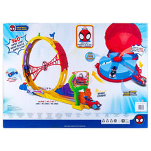 Spidey track playset box view with ring track, vehicles, and dome launcher