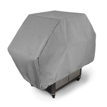 Gray grill cover with elastic hem and side panel seam, fitted for rectangular grill.