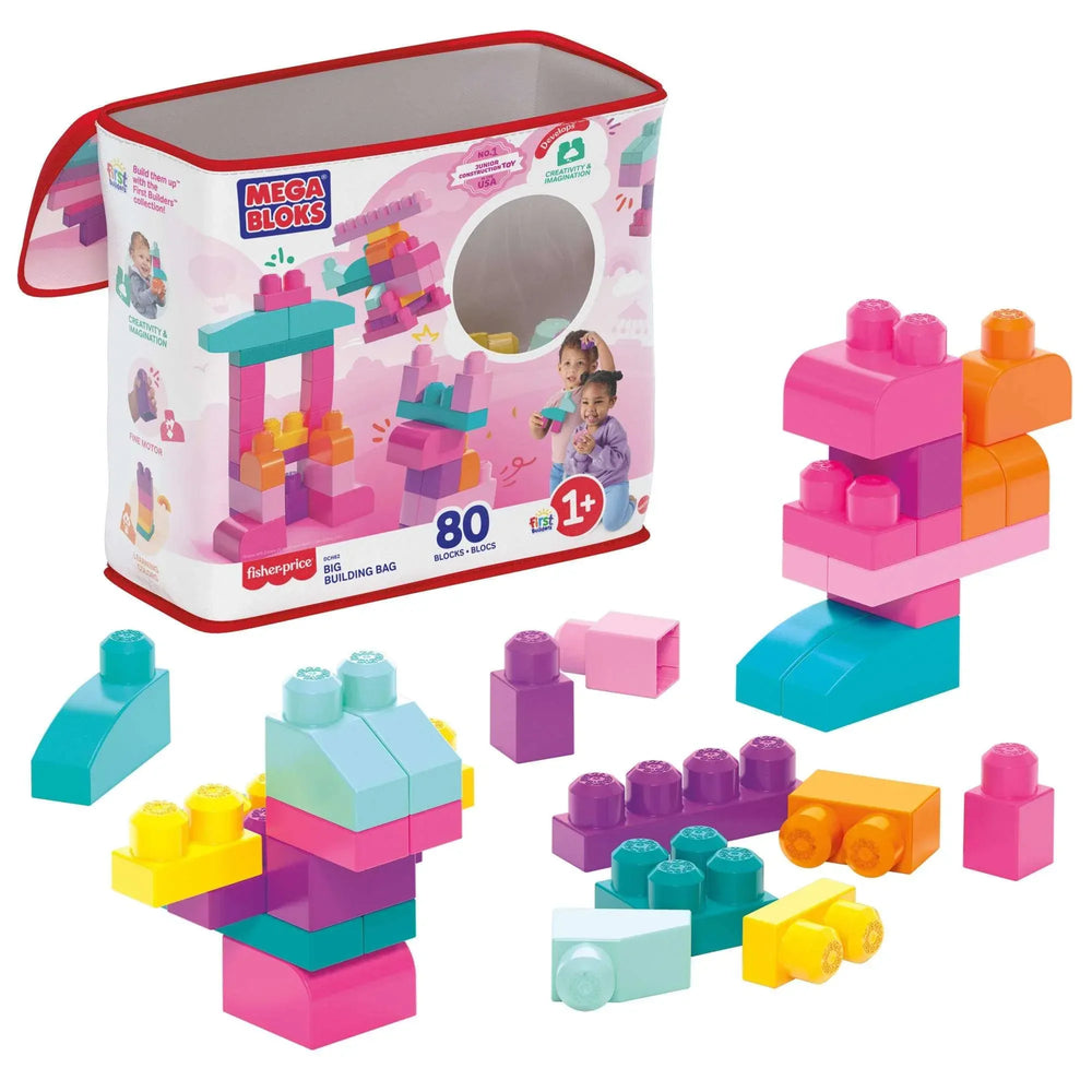 MEGA BLOKS Fisher-Price Toy Blocks Big Building Bag with Storage (80 Pieces) for Toddler, Pink - USA MEGA SHOP