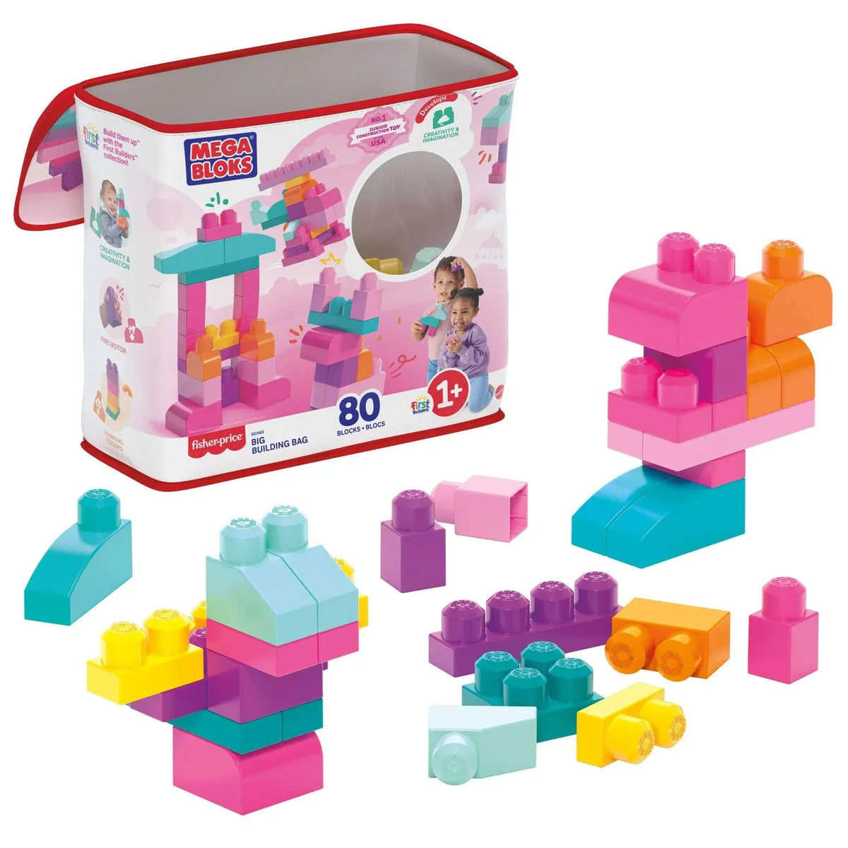 MEGA BLOKS Fisher-Price Toy Blocks Big Building Bag with Storage (80 Pieces) for Toddler, Pink - USA MEGA SHOP