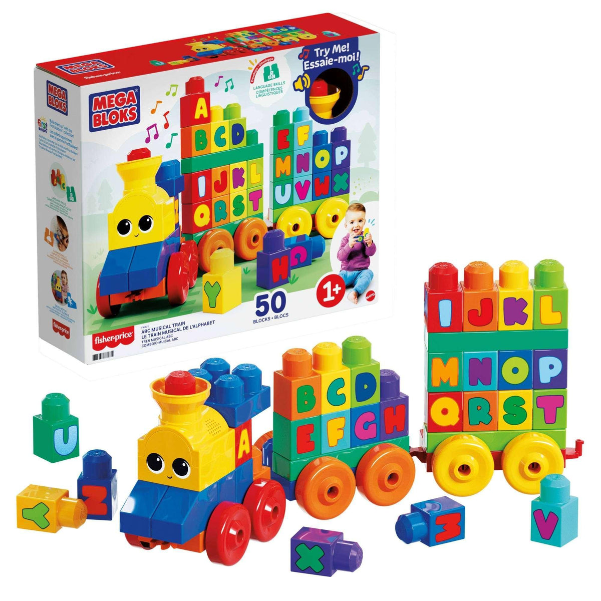 MEGA BLOKS Toy Blocks ABC Musical Train with Sounds and Music (50 Pieces) for Toddler - USA MEGA SHOP
