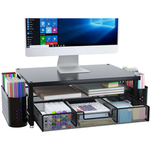 3-tier monitor stand with drawer and pen holders, black, with mesh lower baskets