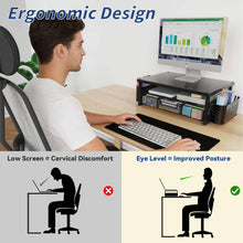 3-tier monitor stand with drawer and pen holders, black, height-raising desk riser