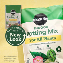 Indoor potting mix bag with green top, large front label and new-look badge