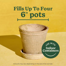 Indoor potting mix with beige pot, "fills up to four 6 in pots" label