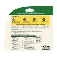 Indoor plant food spikes back panel with use steps and nutrient info