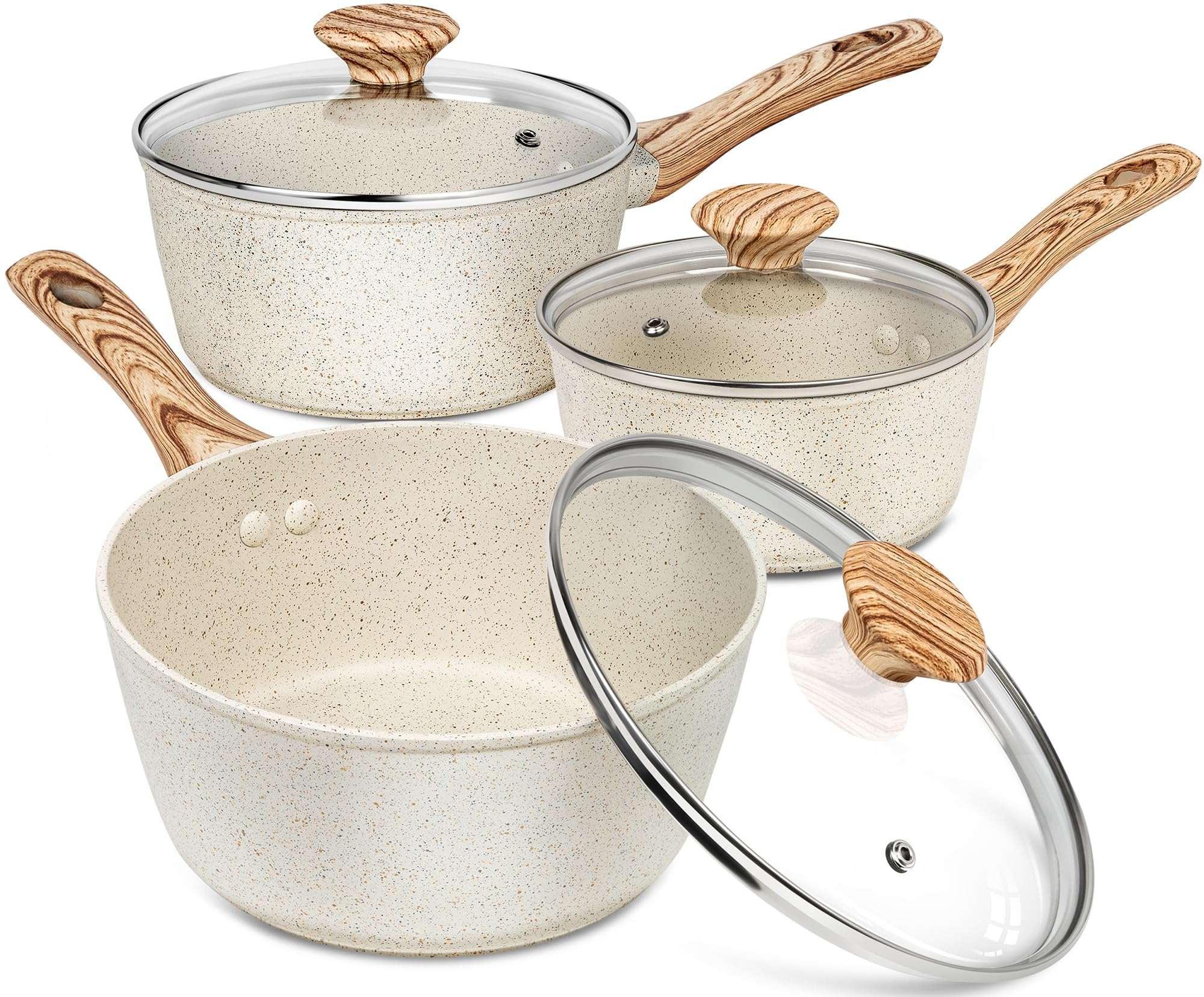 MICHELANGELO Sauce Pan with Lid, Nonstick Saucepans 1.5QT&2QT&3QT, Granite Sauce Pan 3 Piece, Stone Saucepan Set, Small Pot with Lid, Nonstick Sauce Pot Set