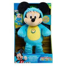 Mickey Mouse plush in blue fabric suit with yellow belly, hood with ear caps