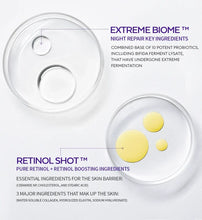 Retinol shot and Extreme Biome night repair ingredient diagram with yellow drops