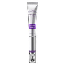 Retinol eye cream tube with silver base, purple band, and metal pump