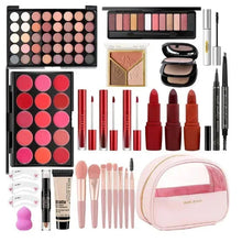 Makeup kit set with eyeshadow palette, lipsticks, mascara, brushes, and pink carry pouch