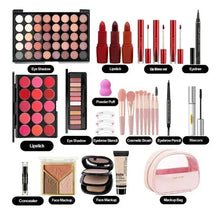 Makeup kit set with eyeshadow palette, lip gloss, lipsticks, eyeliner, mascara, and pink bag