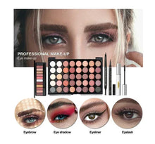 Makeup kit with neutral eyeshadow palette, eyebrow shades, eyeliner, mascara, and lip products