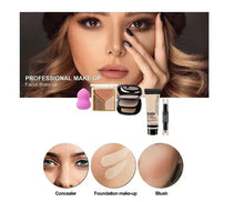Makeup kit with concealer, foundation tube, blush compact, and makeup sponge for face