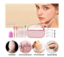 Makeup kit with pink brush set, powder puff, eye tools, and pastel pink makeup bag