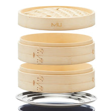 Two-tier bamboo steamer basket set with lid and stackable bamboo tiers