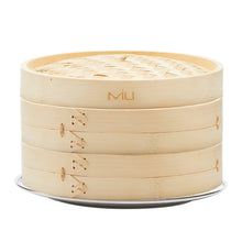 Two-tier bamboo steamer basket with lid, beige, and metal base tray
