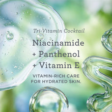 Glass-like droplets with text about tri-vitamin, niacinamide, panthenol, and vitamin E