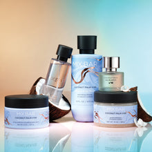 Set of MIX:BAR Coconut Palm body scrub jars and bottles with coconut shells