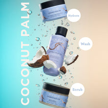 MIX:BAR Coconut Palm body scrub and wash jars with water droplets on blue background