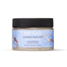MIX:BAR Coconut Palm exfoliating body scrub jar with black lid, blue label and cream scrub