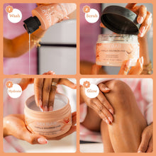 Body care wash jar and hands applying cream and smoothing on skin