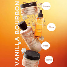 MIX:BAR Vanilla Bourbon body scrub set with bottles and product benefit icons