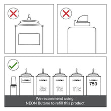 Eco pocket lighter refilling guide diagram with refill canisters