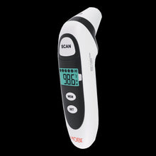 White and black handheld infrared thermometer with LCD screen and scan button