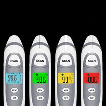 Set of four white and black infrared thermometers with colored LCD temperature displays