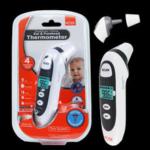 Handheld MOBI infrared thermometer with LCD screen showing a temperature reading
