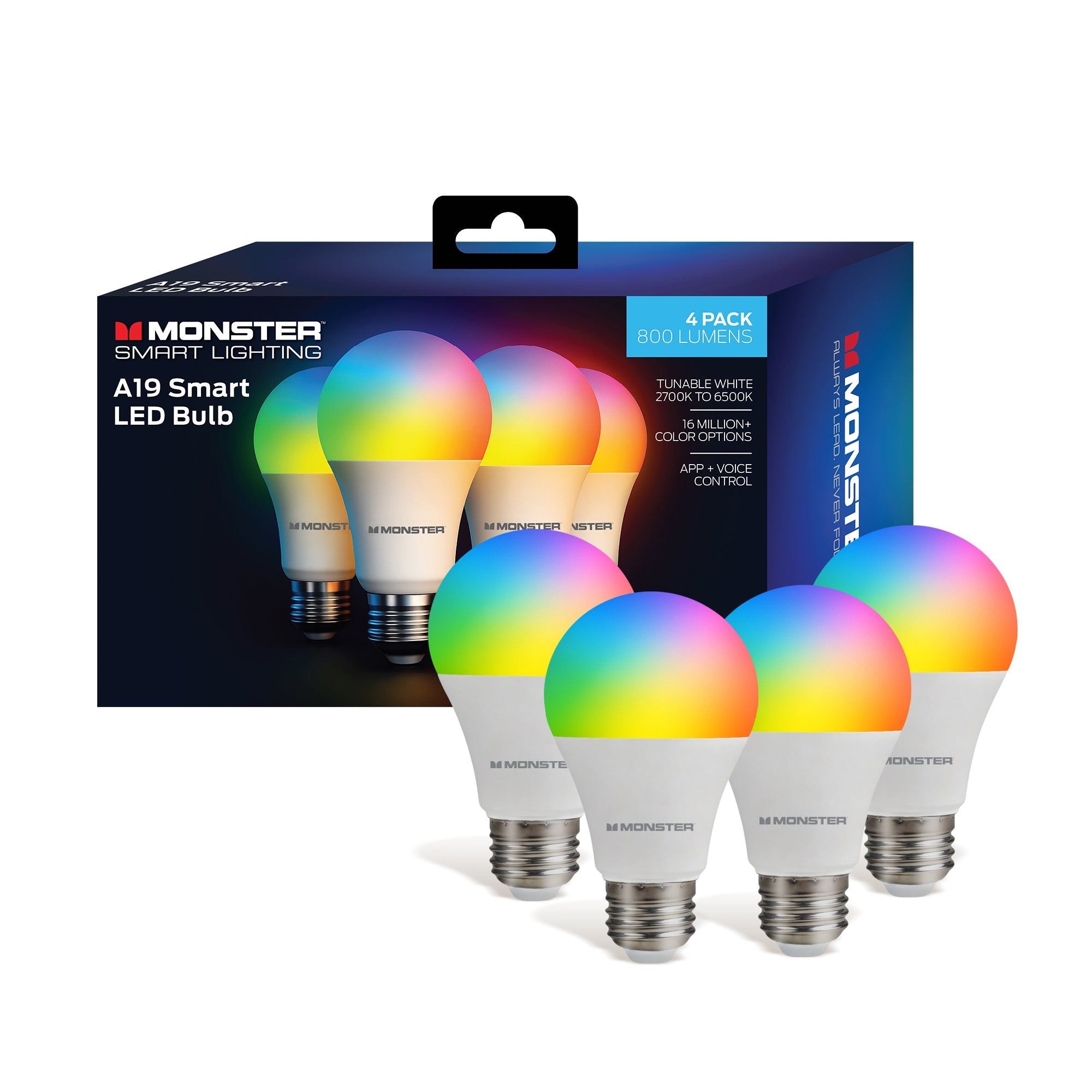 Monster Smart LED Bulb A19 4-Pack, WiFi Color Changing Light Bulbs, 800 Lumens 60W Equivalent, Tunable White 2700K–6500K, App & Voice Control, Alexa Google Home Matter Compatible