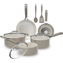 Ceramic nonstick cookware set with saucepans, pot, skillet, and nylon utensils in taupe