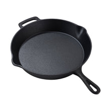 Black 12-inch cast iron skillet with helper spout and loop handle
