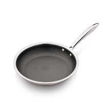 Stainless steel nonstick fry pan with dark textured interior and cool-touch handle