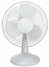 White table fan with circular wire grille and control panel on pedestal base