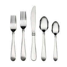 Stainless steel flatware set display: fork, knife, and two spoons.