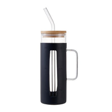 Black silicone-sleeved glass tumbler with bamboo lid, glass straw, and side handle