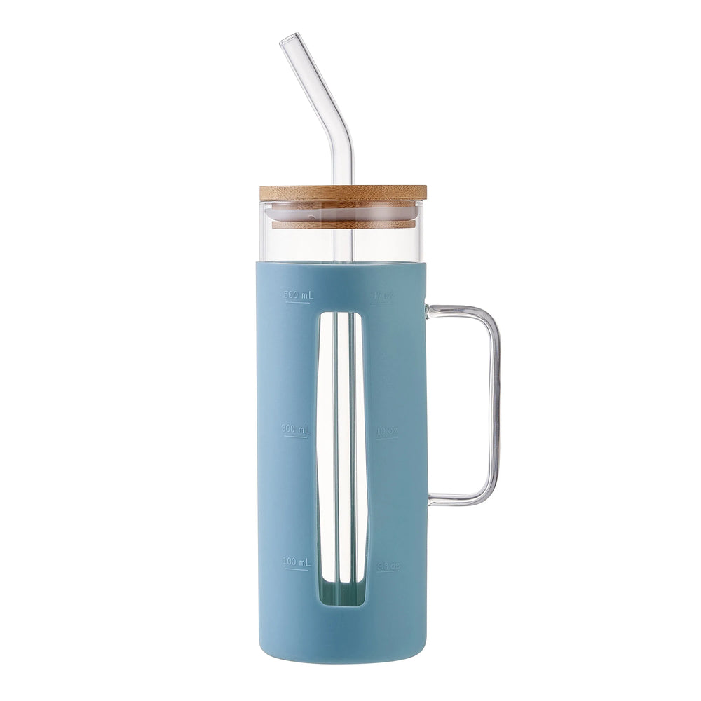 Mainstays Glass 22oz Tumbler with Black Protective Silicone Sleeve, Bamboo lid, Glass Straw - USA MEGA SHOP