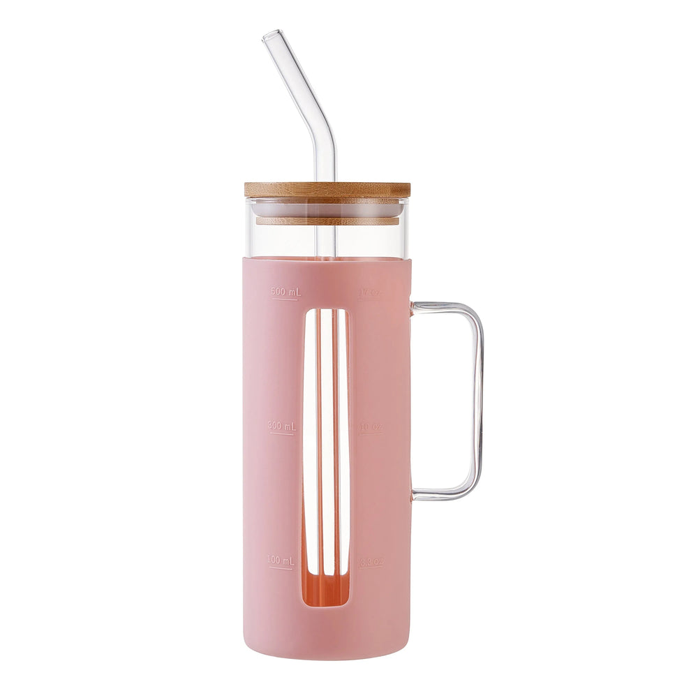 Mainstays Glass 22oz Tumbler with Black Protective Silicone Sleeve, Bamboo lid, Glass Straw - USA MEGA SHOP