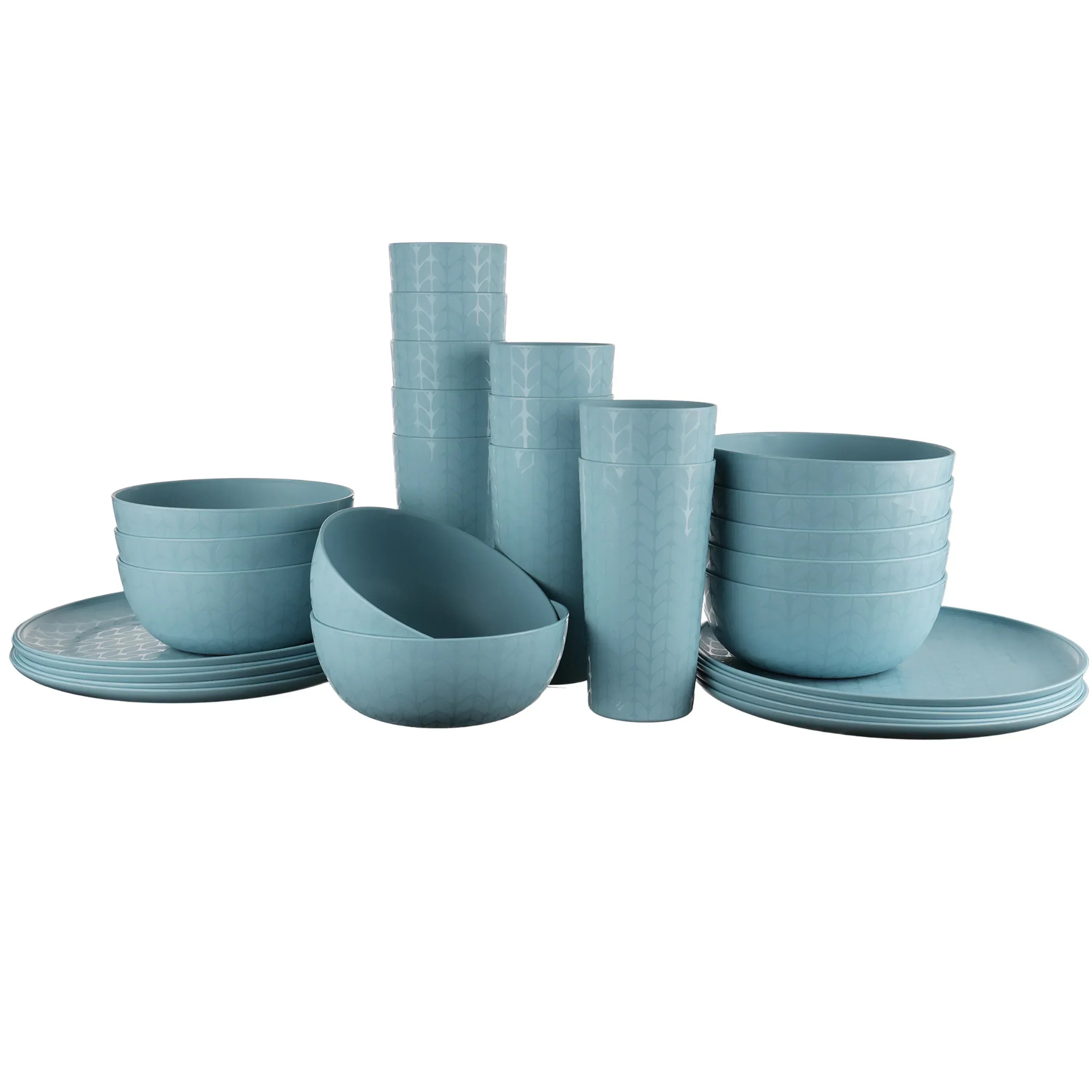 Mainstays 30-Piece Blue Etched Checkered Plastic Dinnerware Set, Includes 10 Plates, 10 Bowls, 10 Tumblers