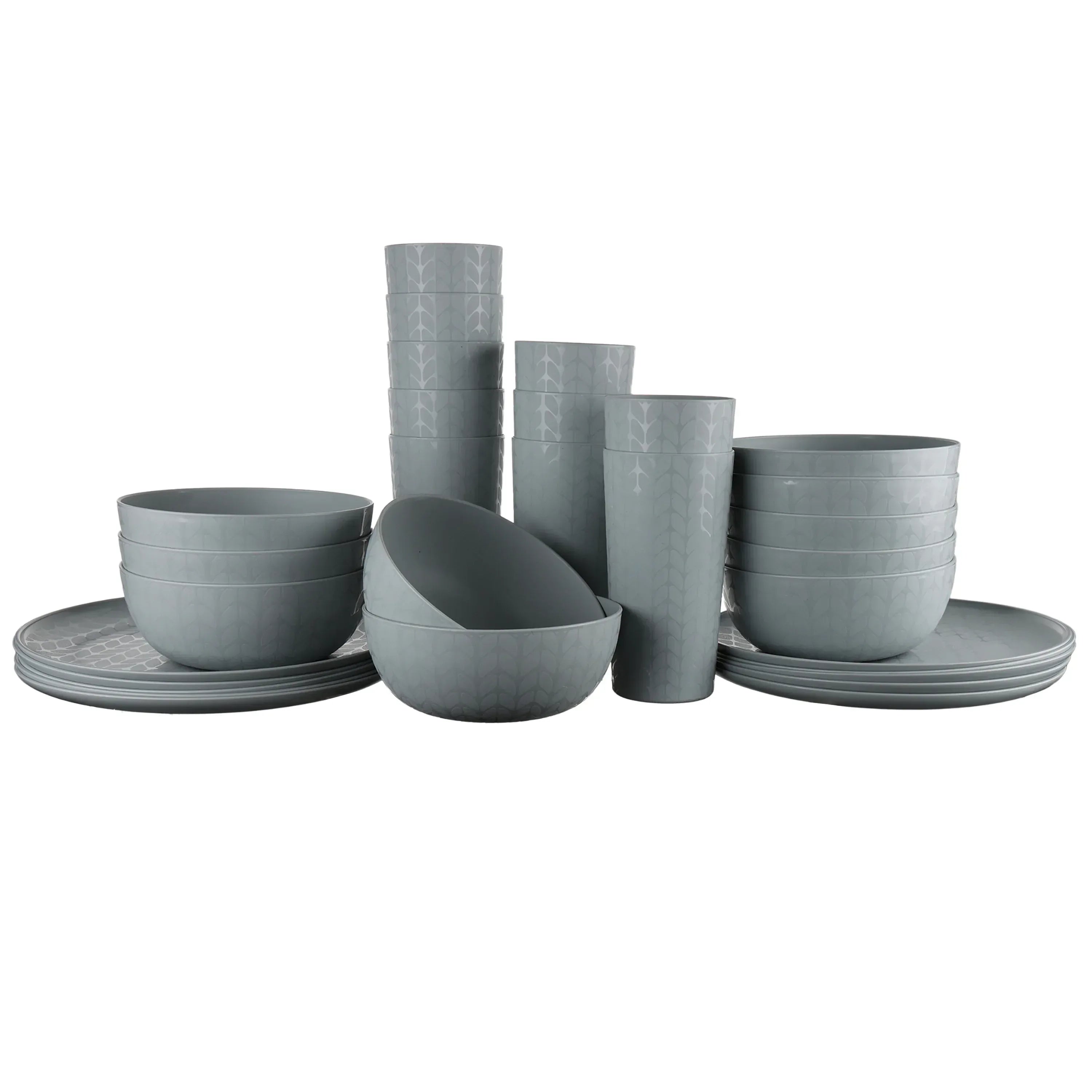 Mainstays 30-Piece Blue Etched Checkered Plastic Dinnerware Set, Includes 10 Plates, 10 Bowls, 10 Tumblers