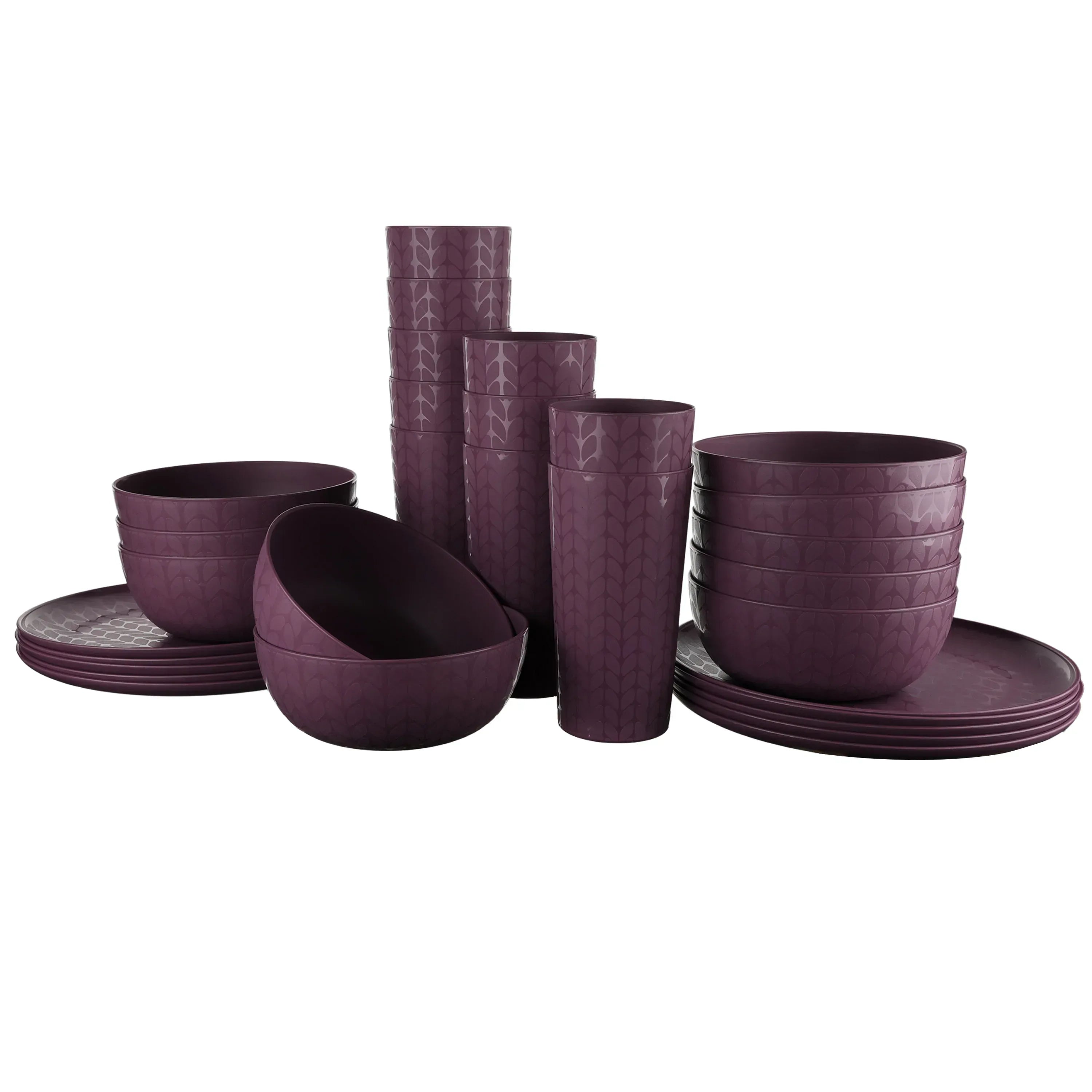 Mainstays 30-Piece Blue Etched Checkered Plastic Dinnerware Set, Includes 10 Plates, 10 Bowls, 10 Tumblers