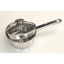 Stainless steel saucepan with perforated straining lid insert and side handle