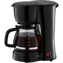 Black 5-cup drip coffee maker with glass carafe and filter basket