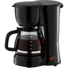 Black 5-cup coffee maker with glass carafe, handle, top reservoir, and red indicator light
