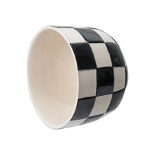 Round ceramic planter, side view, glossy black-and-white checker pattern