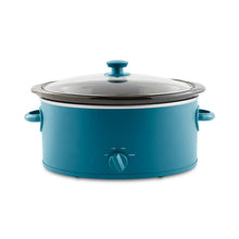 Blue oval slow cooker with glass lid, teal knob, and side handles